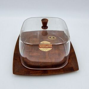 Weavewood Covered Cheese Tray With Clear Lid Handwoven Walnut MCM